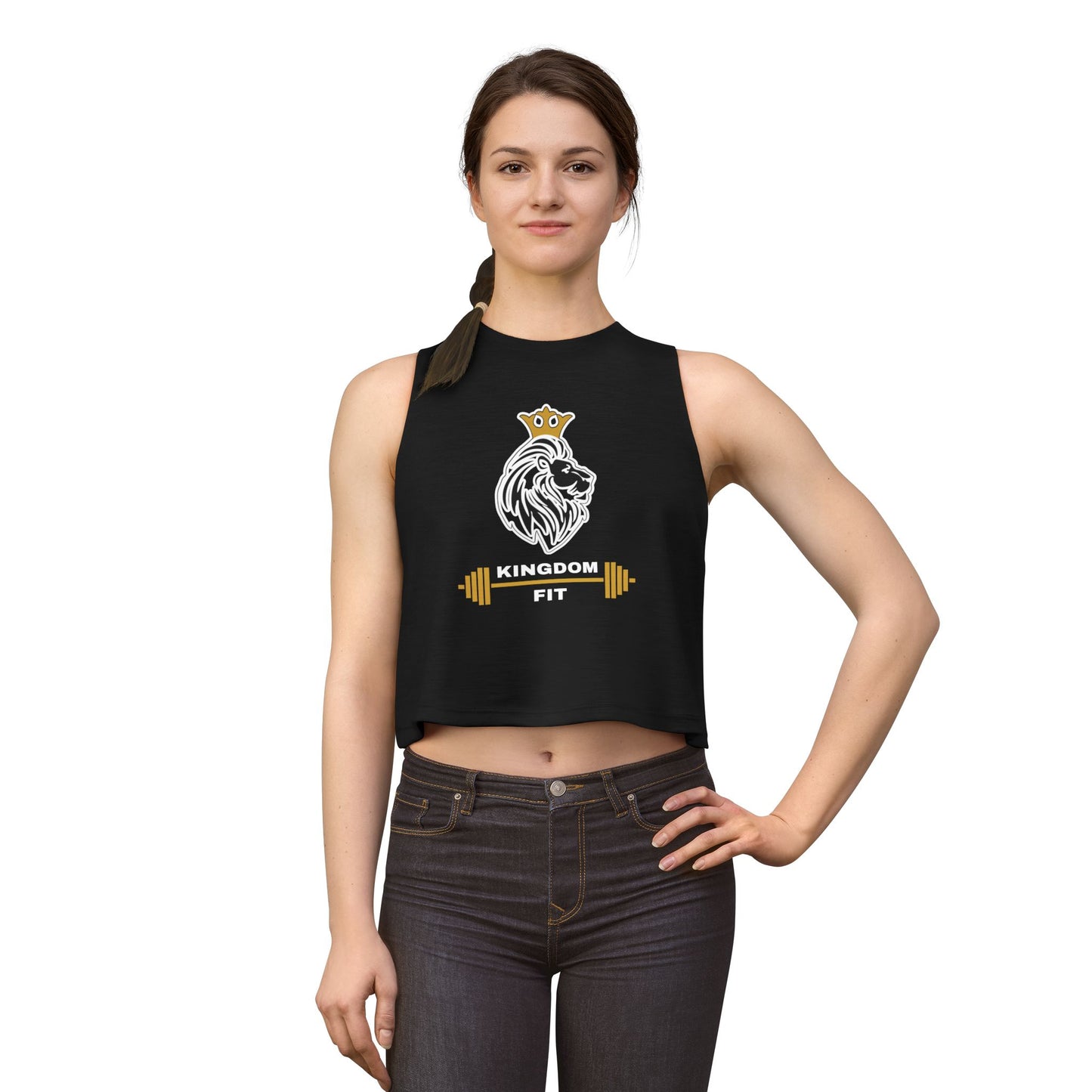 Lion Crown Crop Top – Women's Gym Tank with Barbell Graphic