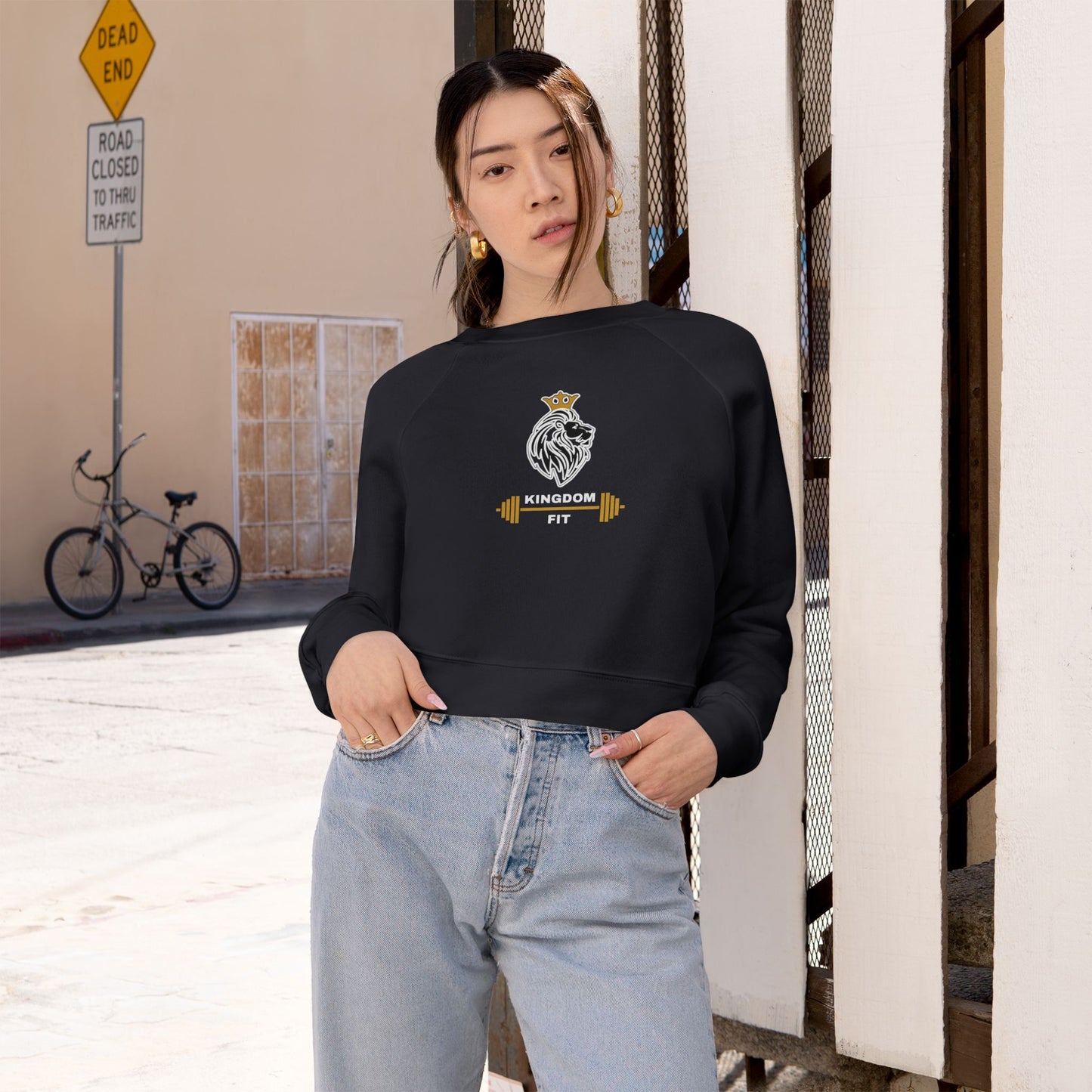 Cropped Pullover — 'Kingdom Fit' Skull & Barbell Graphic