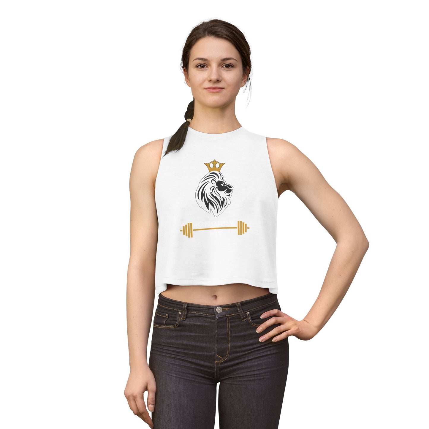 Lion Crown Crop Top – Women's Gym Tank with Barbell Graphic