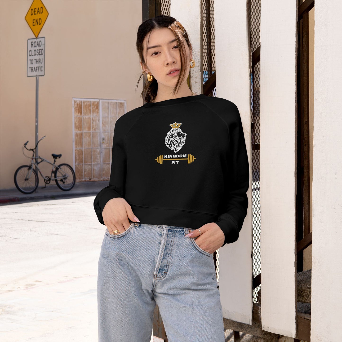 Cropped Pullover — 'Kingdom Fit' Skull & Barbell Graphic